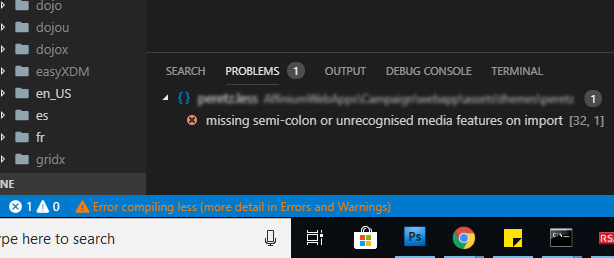 Visual Studio Status Error message